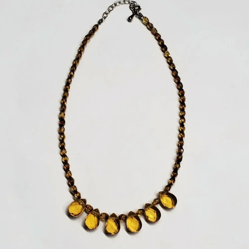 Golden Orange Brown Faceted Glass Briolette Bead Necklace Sterling Silver Clasp